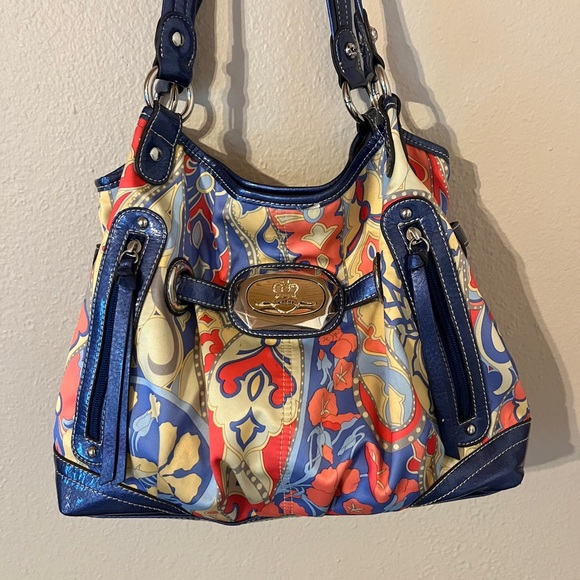 Kathy Van Zeeland Multicolored Shoulder Bag with Bold Design Blue Trim - Picture 1 of 11